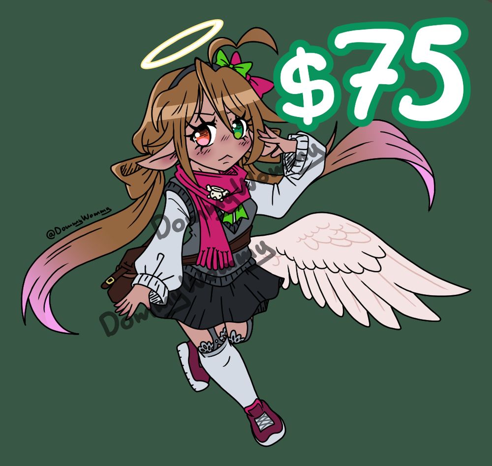 A one-winged girl with her price listed at $75. She is wearing a white shirt with a sweater over it as well as a skirt. She has brown bag and a pink scarf. Her brown hair is styled in two ponytails with pink gradient over them. Over head head is a bright halo.