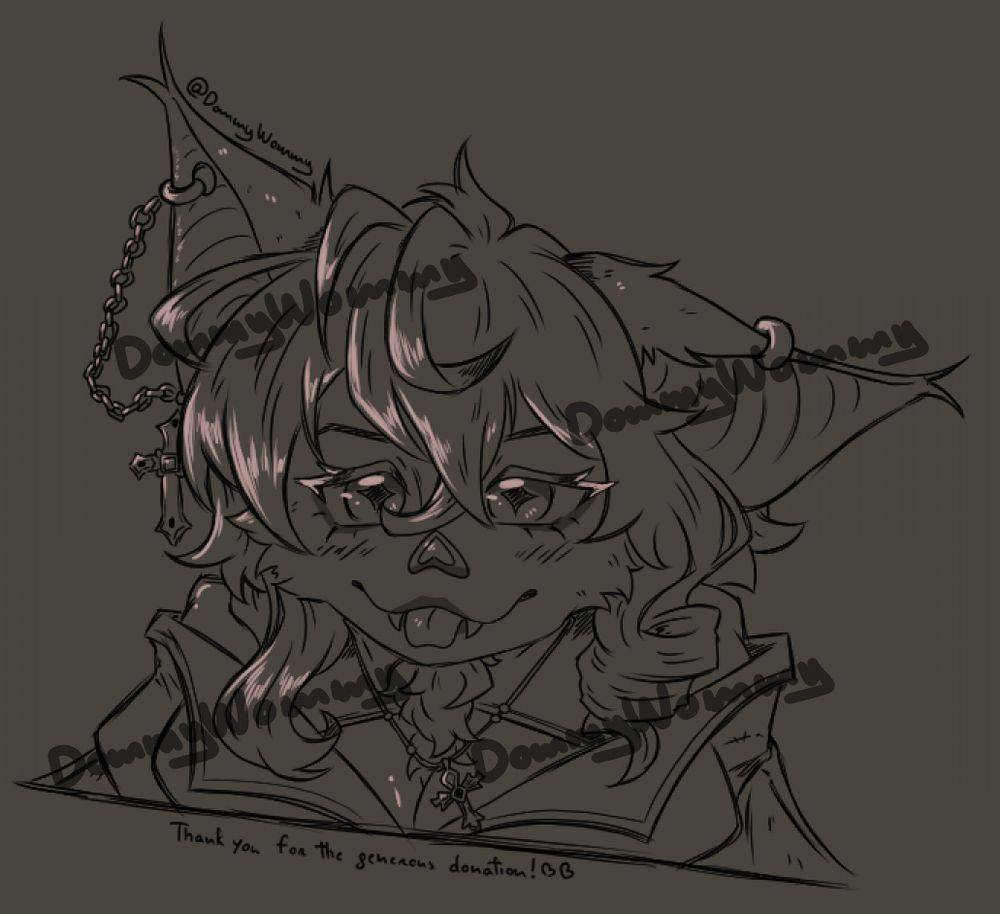 Portrait sketch of coffin's furry form with pale purple highlights. At the bottom, it says "Thank you for the generous donation!" with two hearts.
