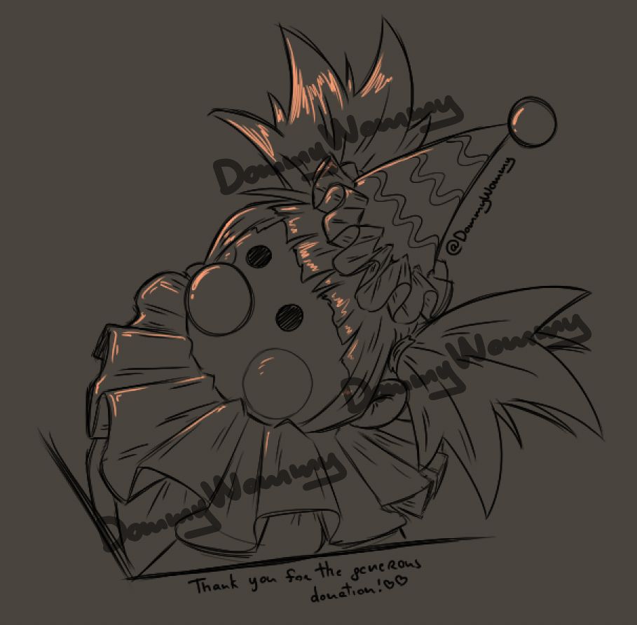 Portrait sketch of Jumbo's biskit doll with pale orange highlights. At the bottom, it says "Thank you for the generous donation!" with two hearts.