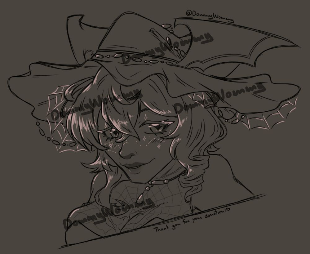 Portrait sketch of coffin's humanoid form with pale purple highlights. At the bottom, it says "Thank you for the donation!" with a heart.