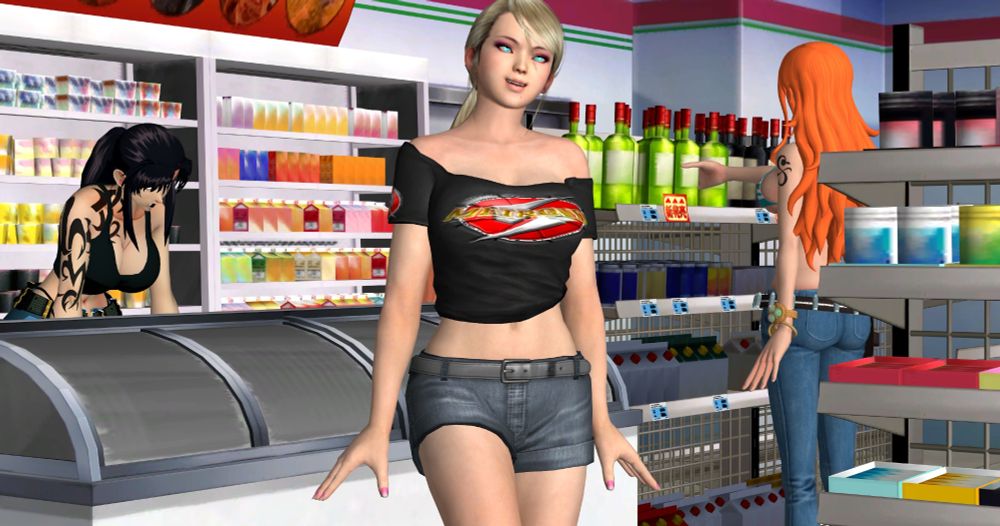 Samus happily hypnotized and walking down on of the aisles while in the background Nami (also hypnotized) picks out an item on the shelf and Revy (also hypnotized) stares blankly at the freezer as she picks something out of there