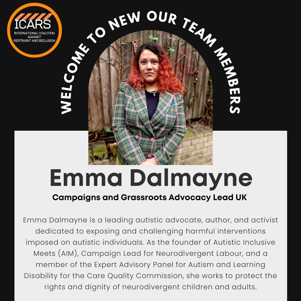 A digital graphic welcoming Emma Dalmayne to the ICARS team. The design features a black background with white text and an ICARS logo in the top left corner. A circular portrait of Emma, a woman with red and black curly hair, shows her standing outdoors in a green and blue plaid blazer. The text introduces her as "Campaigns and Grassroots Advocacy Lead UK" and highlights her roles as an autistic advocate, author, founder of Autistic Inclusive Meets (AIM), Campaign Lead for Neurodivergent Labour, and a member of the Expert Advisory Panel for Autism and Learning Disability for the Care Quality Commission. The announcement emphasizes her dedication to protecting neurodivergent rights