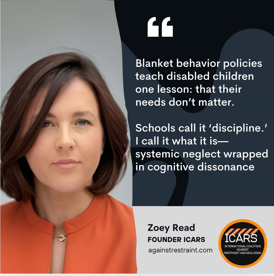 Digital graphic features a photo of Zoey Read, founder of ICARS, wearing an orange blouse with a neutral expression. To the right of her image, a quote in white text on a dark background reads: 