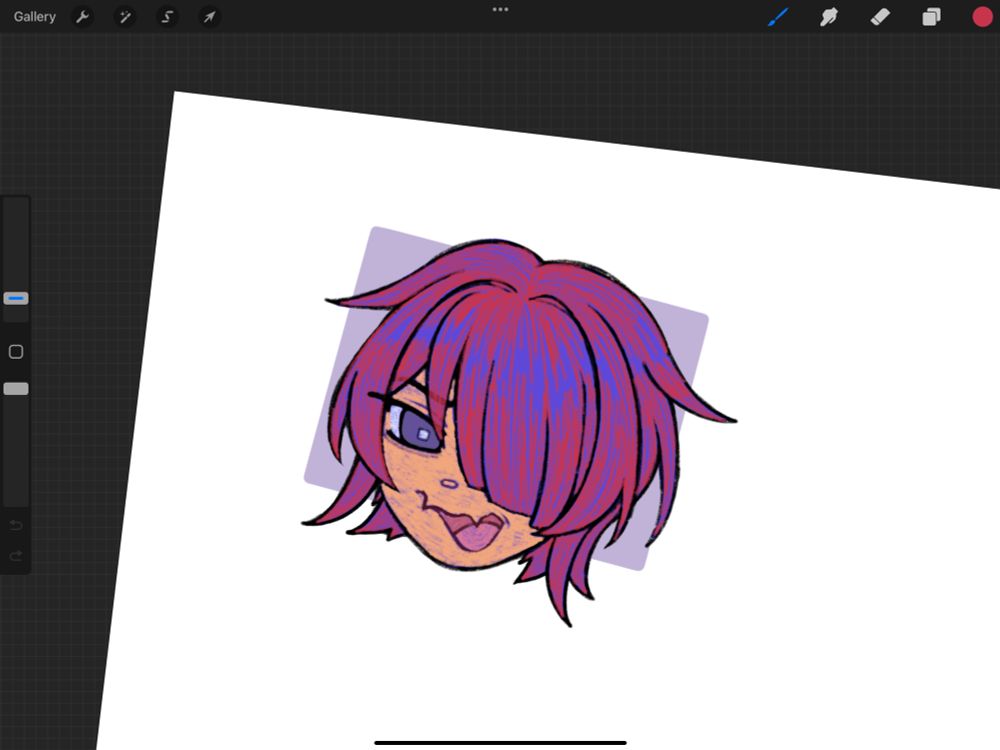 My oc, Lilith, headshot drawing. She has red hair that covers one eye and flesh fangs as a stylization for her mouth 