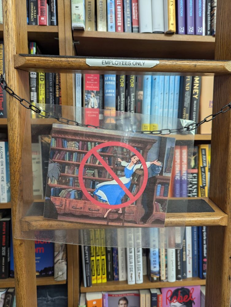Ladder in front of the bookshelf with a sign featuring image of Belle riding through her library and a big red X in front of her.