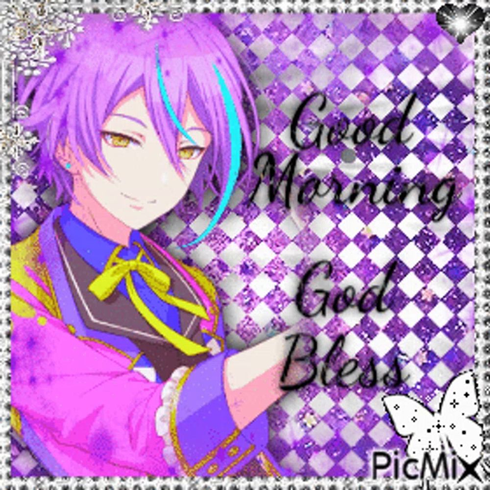 a picture of a boy with purple hair and the words good morning god bless on it