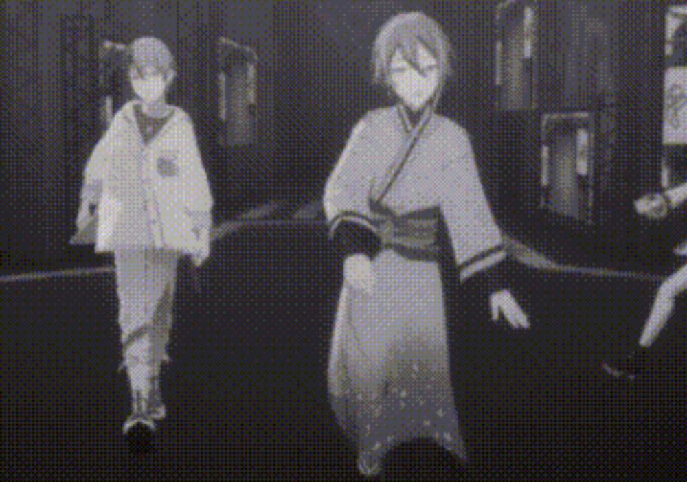 a black and white drawing of two people walking in a dark room .