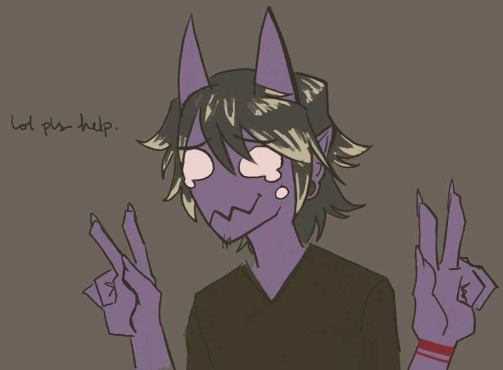 online persona (a purple tiefling with straight horns) crying while giving TWO peace signs. lol pls help