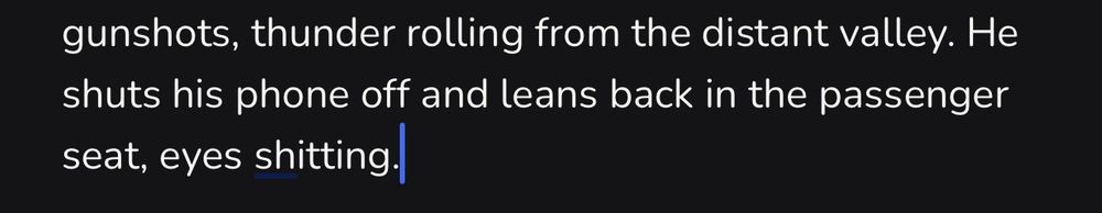 …gunshots, thunder rolling from the distant valley. He shuts his phone off and leans back in the passenger seat, eyes shitting.