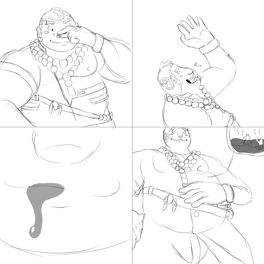 Panel 1: Hotei from Tokyo Afterschool Summoners found a tiny, with him holding them between his fingers.
Panel 2: He dumps them into his mouth.
Panel 3: A close up of his mouth, some drool making it out of his lips.
Panel 4: He contently pats his tummy, as the tiny finds another friend within it, the two lounging in his stomach acids (but they're fine i promise)