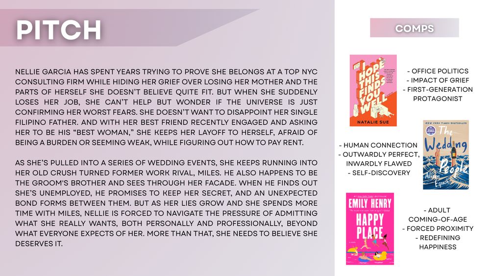 When Nellie’s career crashes, she must face harsh truths about starting over, confront her messy past, and figure out how to pay next month’s rent—while reluctantly reuniting with her former work rival. 
#questpit #q #a #wf #r #bookclubread #agentsguide #filipinorepresentation