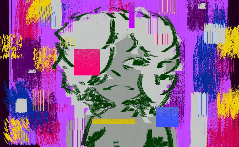 A gray goblin is surrounded by an arrangement of blue, yellow, purple and red colors, enveloping her as she looks off into the distance.