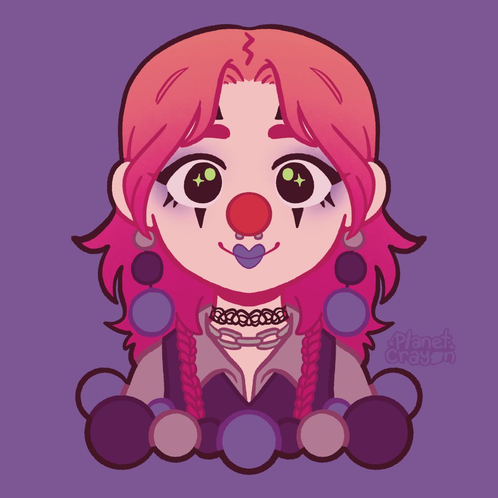 A clownish digital drawing of Jules, a white non-binary person with medium length red hair and two long braids down their shoulders on either side. They have large sparkling eyes, a red nose with a septum ring peaking out from the bottom, and purple heart shaped lips. They're wearing a pale pinkish collared shirt with a dark purple vest, matching pompom earrings, a black tattoo choker, and a pale pink chain necklace. Poms of various sizes matching the colors of the portrait create a border along the bottom under their shoulders.