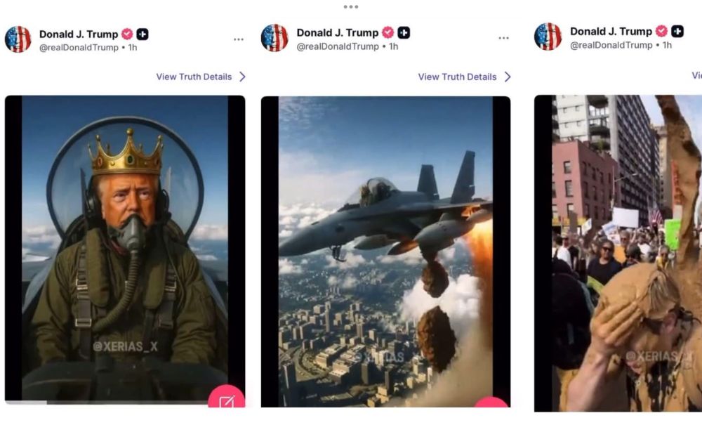 AI image posted by trump of himself as a king fighter unit dropping his pooponto
The No Kings protesters.