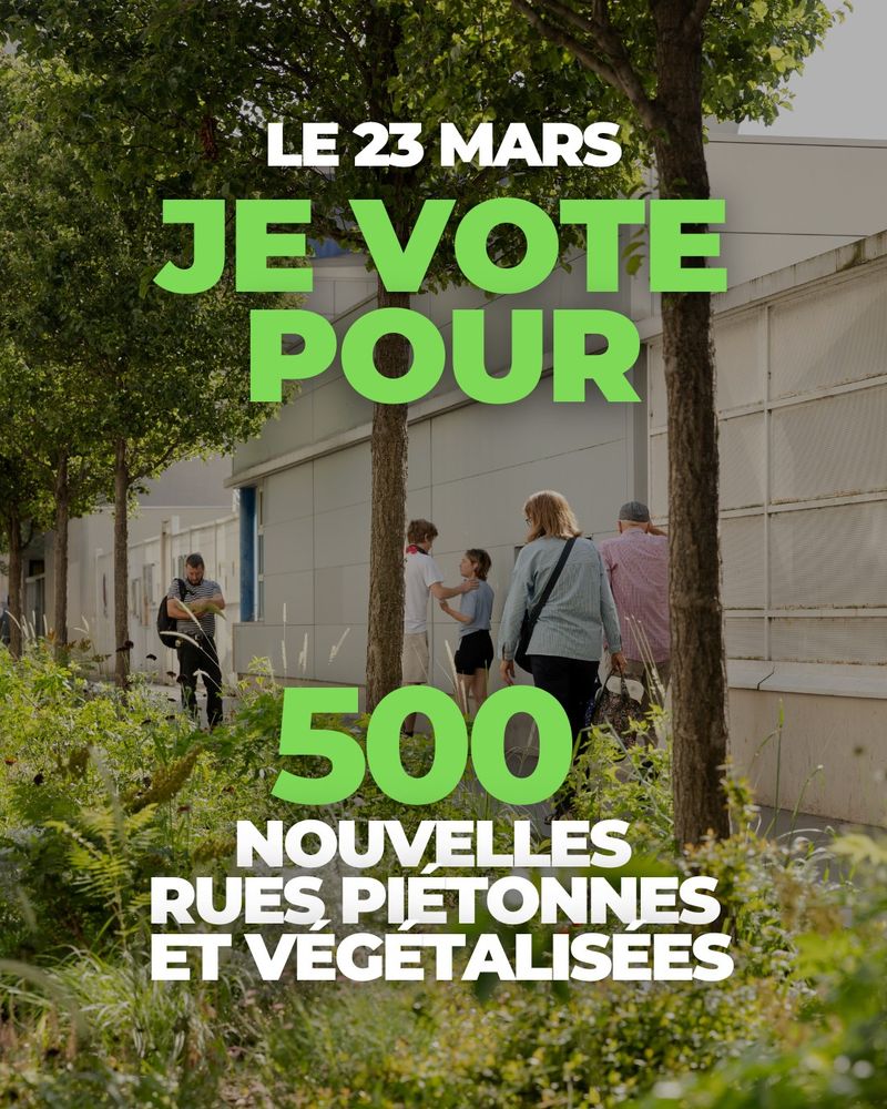 Visuel avec "Le 23 mars, je vote pour 500 nouvelles rues piétonnes et végétalisées" avec une rue végétalisée en fond, des arbres et des passants