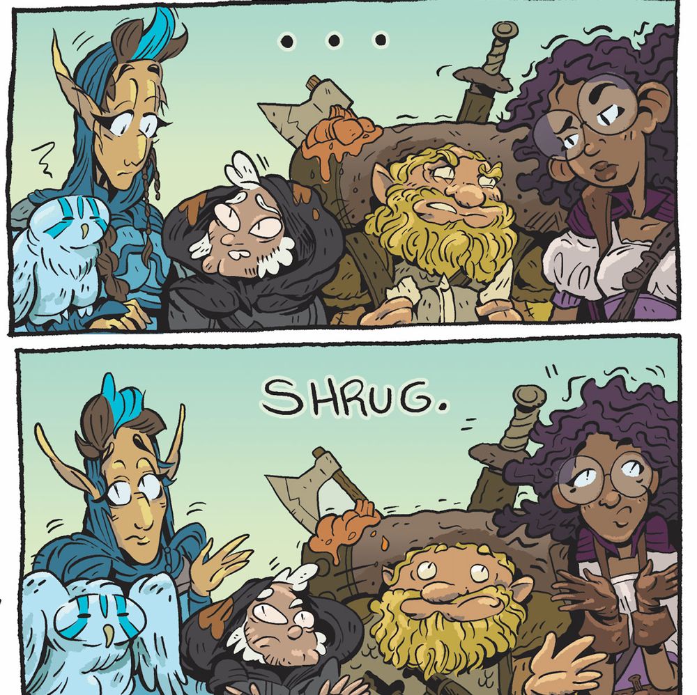 Detail of 2 panels from a comic from Rolled & Told TTRPG gaming magazine. 
Panel 1: 5 characters stand in row at bust level: 
An elf with light tan skin in a blue cloak and a blue streak in her hair.
The elf holds a white owl with magical blue marks on their face. 
A short rogue/thief male character in a dark cloak with light, skin, white hair and white sideburns.
A dwarf with a blonde beard and light skin. He carries a huge backpack overflowing with weapons.
A sorceress in training with glasses, dark skin, and purple hair. She wears a backpack and her academic uniform, complete with gloves and cape.
They stand in silence and look at each other confused.
Panel 2: The all shrug, including the owl.