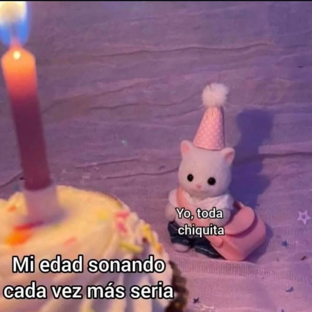 Meme de un gatito de Sylvanian families al lado de un pastel con una vela, el pastel tiene el texto "mi edad sonando cada vez más seria" y el gato "yo, toda chiquita"