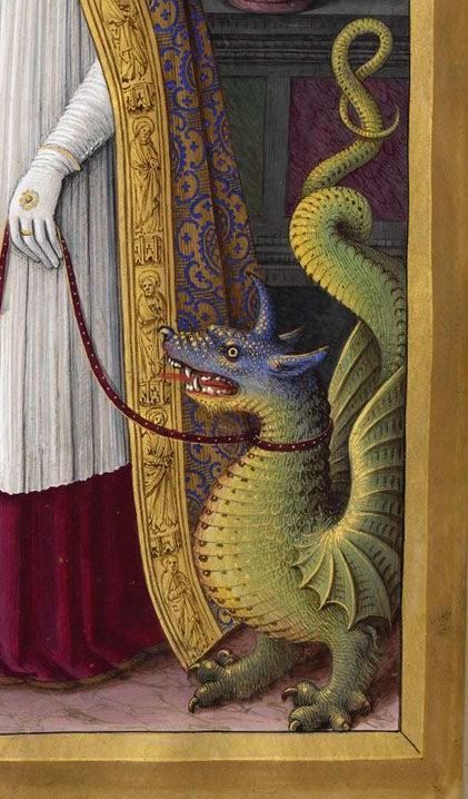 A medieval painting of St. Margaret’s dragon on a leash