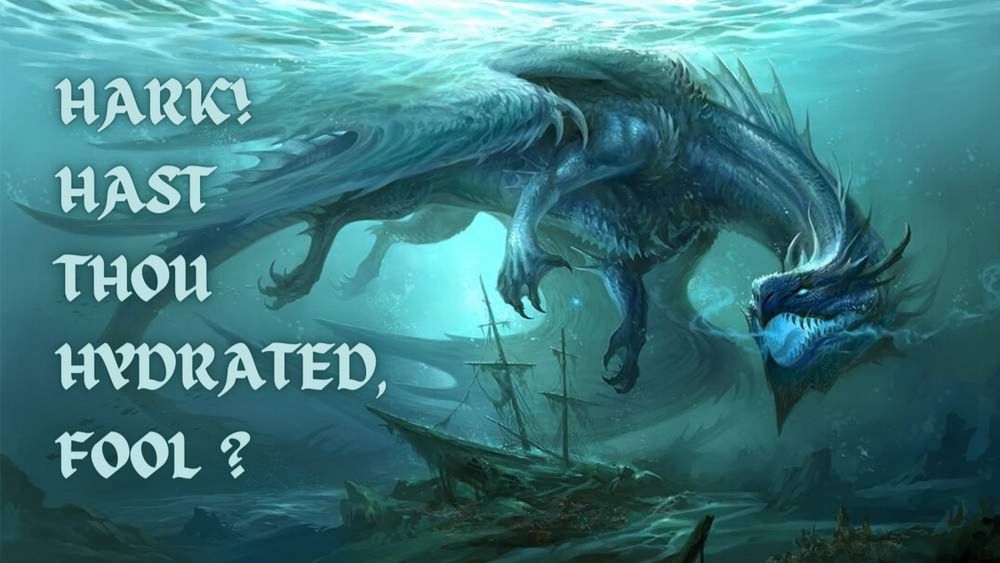 An underwater dragon swimming near a shipwreck with text in a medieval font that reads “Hark! Hast thou hydrated, fool?”