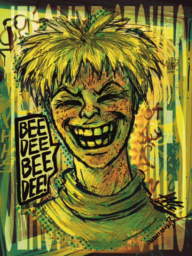 A drawn headshot of Jerry Stokes from The Eltingville Club looking at the viewer with a crude smile and sneer, his crooked nose scrunched up as his slightly crooked teeth show. His face is covered in acne and zits, the patchy areas looking inflamed. There is a text bubble that is on his left, the words “BEE DEE BEE DEE!” Being shown. The style has a rough, graffiti feel to it, with a photograph of street graffiti blanketing the background and complimenting the drawing by highlighting its half-tone gradient and sketchy lines.