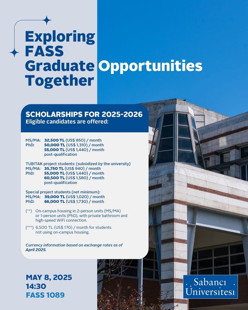 Scholarships: 
MS students receive 32,500 TL per month, and a two-person dorm. 
PhD students start on 50,000 TL per month and a private dorm. 
The monthly stipends increase a little if you do not want to live on campus. 