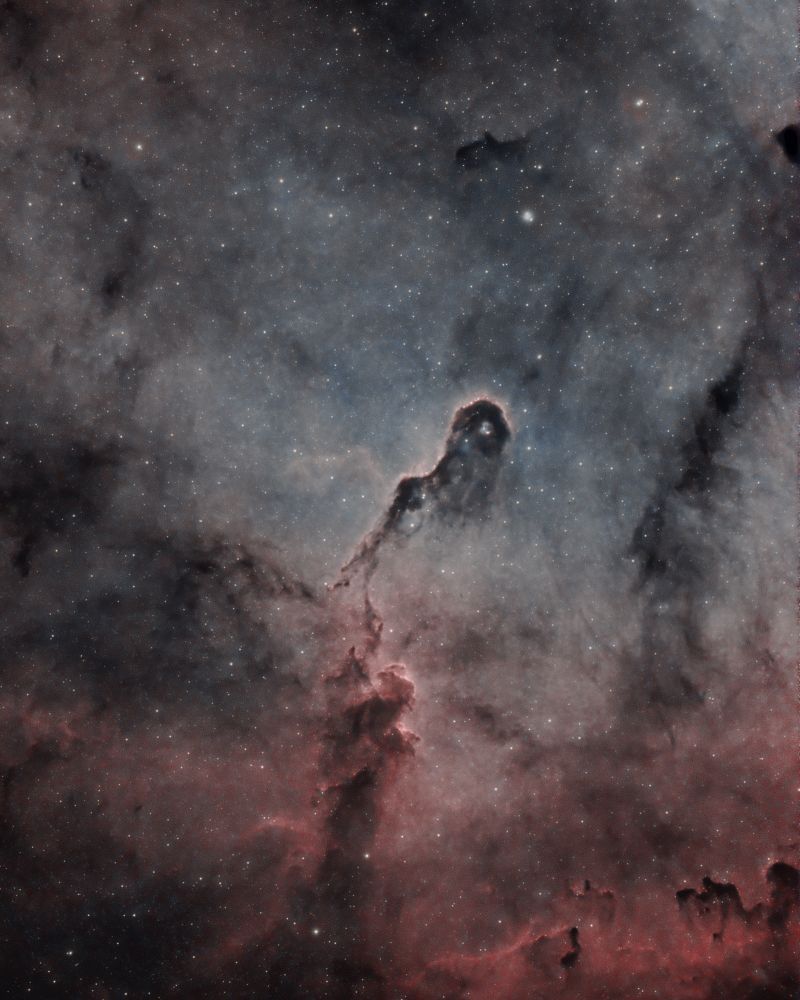 A dusty scene surrounds the central structure resembling a wispy elephant trunk. Red, grey and black gasses dominate the bottom half of the background, while blue-ish greys dominate the top half. Stars adorn the image throughout. 
