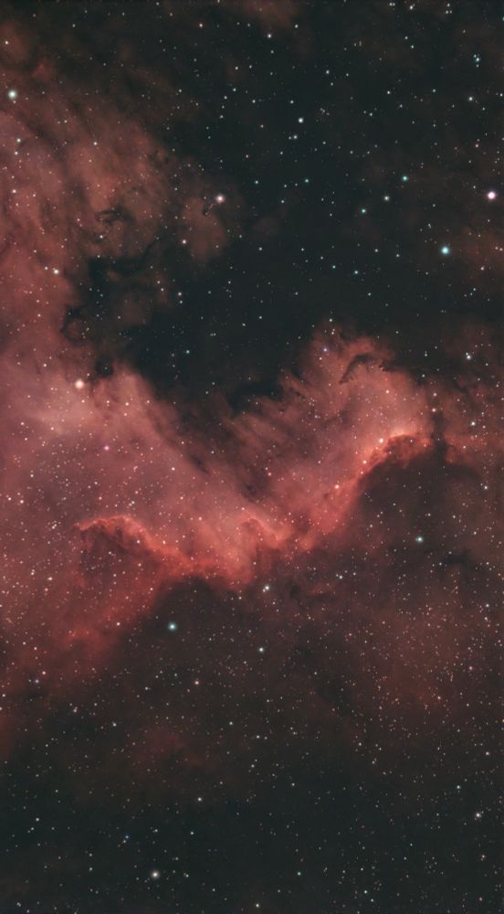 An image dominated by red and black hues with a star-speckled background. In the centre of the image, a “wall” of structured dust making up the Cygnus Wall. 
