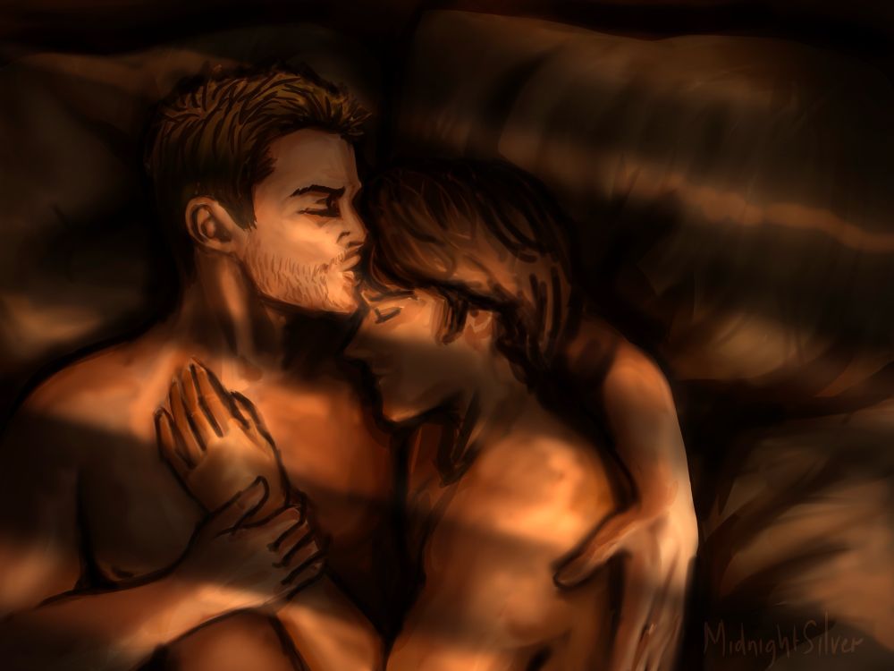 Digital painting by MidnightSilver. Painting shows Sam and Dean asleep in bed at night. Sam is snuggled into Dean’s shoulder with his hand on Deans chest. Dean has an arm around Sam’s shoulders and is kissing his forehead. The scene looks soft and happy 