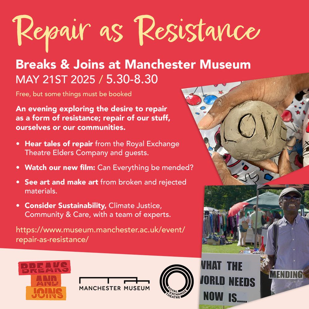 A descriptionof the event Repair as Resistance with the image of a ball of clay with the word Love, and another of a man holding a sign saying Mending