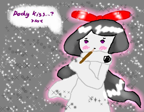 ophelia from pop'n music putting a pocky stick on her mouth while blushing. text read from the word bubble: "pocky kiss...? >///<"