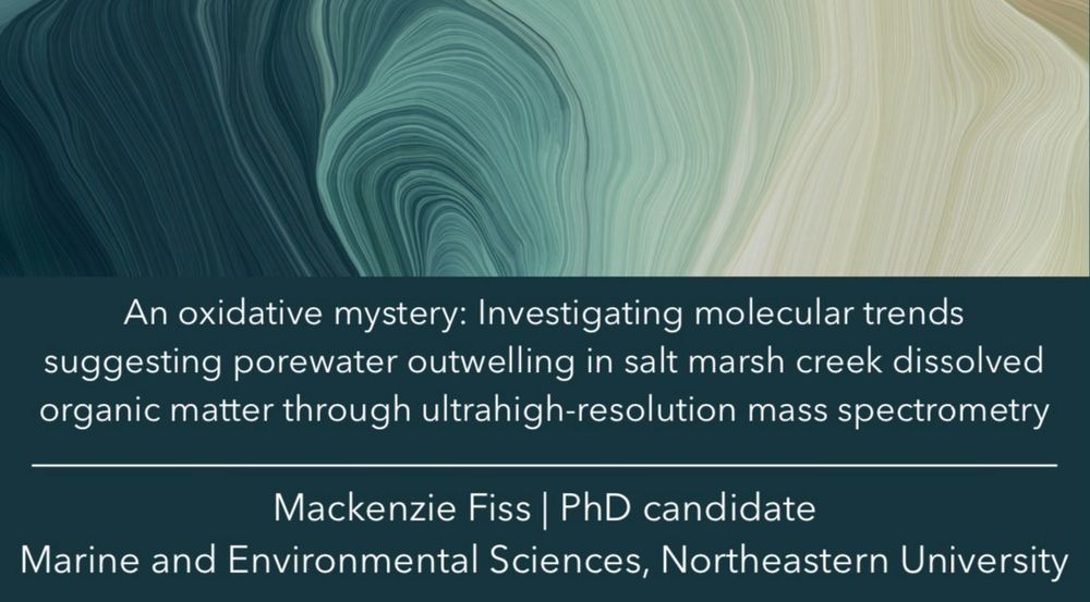 Title slide of my talk called “An oxidative mystery: Investigating molecular trends suggesting porewater outwelling in salt marsh creek dissolved organic matter through ultrahigh-resolution mass spectrometry” by Mackenzie Fiss, PhD candidate in Marine and Environmental Sciences at Northeastern University