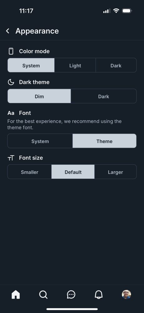 Screenshot that shows ways to change font style and sizes in the Bluesky app under Settings