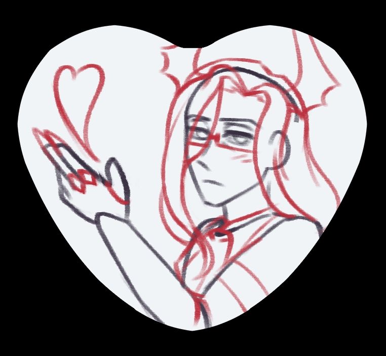 Roughly sketched heart button design of my OC Ascelin Gallris. He has dark sclera behind his glasses, long sharp horns pointing upwards from his long hair, and metal claws over two gloved fingers. The magic he's casting is in the shaped of an elongated heart, as he stares with his serious yet flushed resting face.