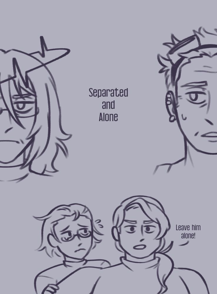 Rough sketch of my OCs Lord Ethyron and Tabi, both present day and as teenagers.
Present day, Lord Ethyron wears his frustrated face as usual, donning the halo-crown of the Ethyrial empire. Tabi has her hair cropped very short under her mechanic goggles. She's glancing towards her younger brother in concern, who refuses to meet her gaze. It's captioned, "Separated and Alone"
As teenagers, Verasius is sheepishly hiding behind Tabithae, who's demanding, "Leave him alone!" Verasius has slightly shorter hair, messily slicked back without bangs. Tabithae has much longer hair tied in a ponytail over her shoulder.