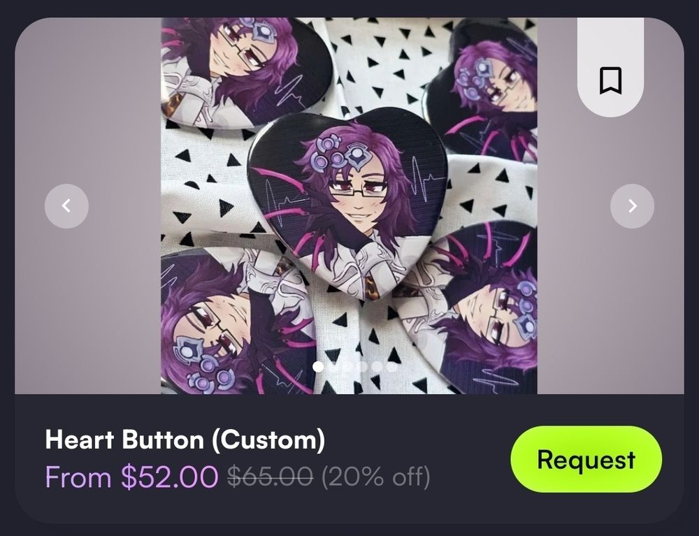 VGen listing for "Heart Button (Custom)", featuring my Aulus mal Asina design. Since it's 20% off, base price is $52 instead of $65.