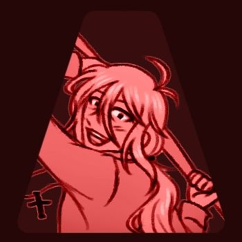 Portrait only in shades of red of Gakupo (Vocaloid) as he appears in the song Specimen Girl. With a deranged smile, he's swinging an axe over his shoulder.