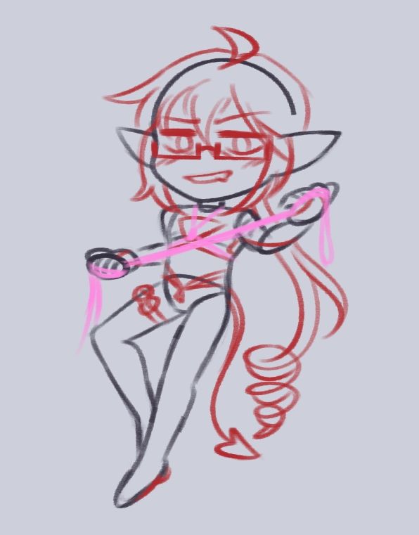 Rough sketch chibi of my incubus AU of Kasane Ted. He has a fanged smirk as he shows off the ropes he holds, while also having rope tied around his chest (intended as shibari, but it's very simplified right now).