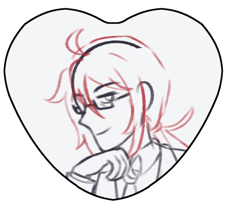Rough sketch of a heart button design of the UTAU Kasane Ted. He's resting his chin on the back of his hand, gazing towards the viewer with a light smirk.