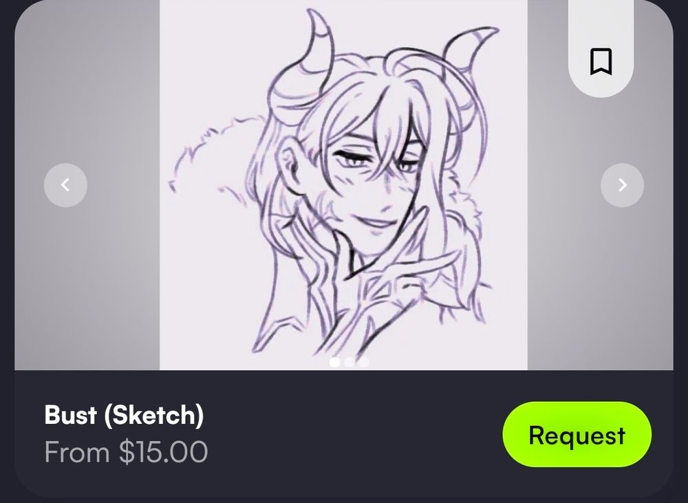 VGen commission service, "Bust (Sketch)" for $15. The example is of Jakurai Jinguji from Hypnosis Mic, in his demon king form from a mobile game event. He's smirking with his hand to his chin.