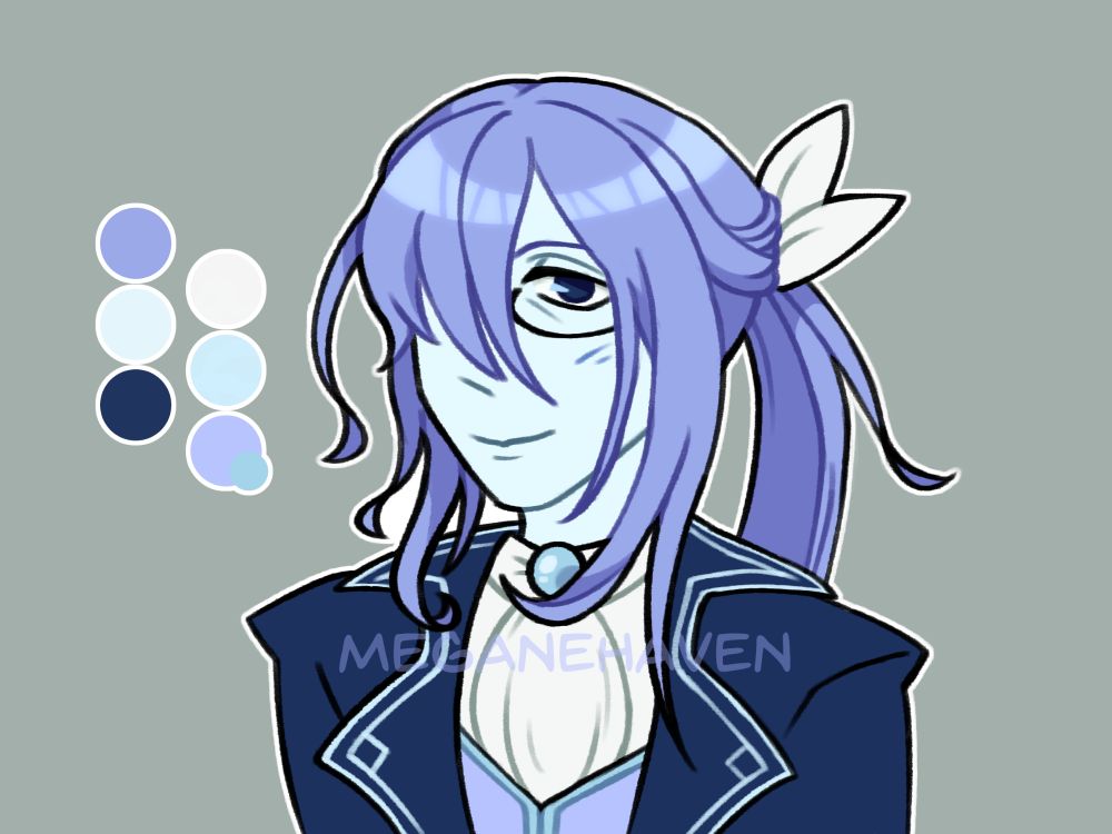 Bust artwork of a man with a ghastly complexion, his color palette being mostly shades of blue. He's lightly smiling. He wears glasses and a high ponytail, along with a coat and vest.