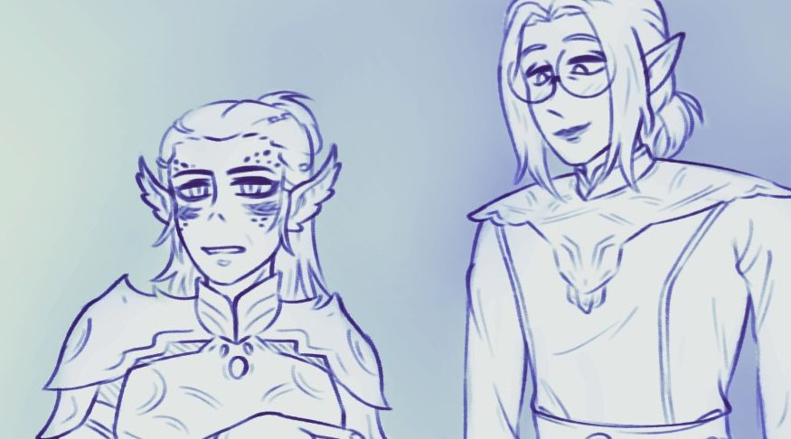 Artwork of Lae'zel (Baldur's Gate 3) and my tav Neuvaine together. Lae'zel is talking to someone while pointing to Neuvaine, who is lightly smiling while gazing at her. They also have a notable height difference, Neuvaine being half a head taller.