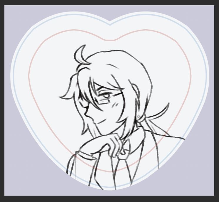 Lineart of a heart button design of the UTAU Kasane Ted. He's resting his chin on the back of his hand, gazing towards the viewer with a light smirk.