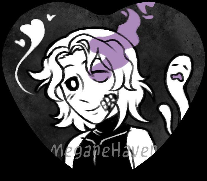 Heart button of a ghost with one cheek rotted off, revealing teeth. Despite this, he's smiling gently, blushing even. One eye has black sclera, the other has a purple aura flowing out of it. A couple tiny, cartoon-ish ghosts are beside him.