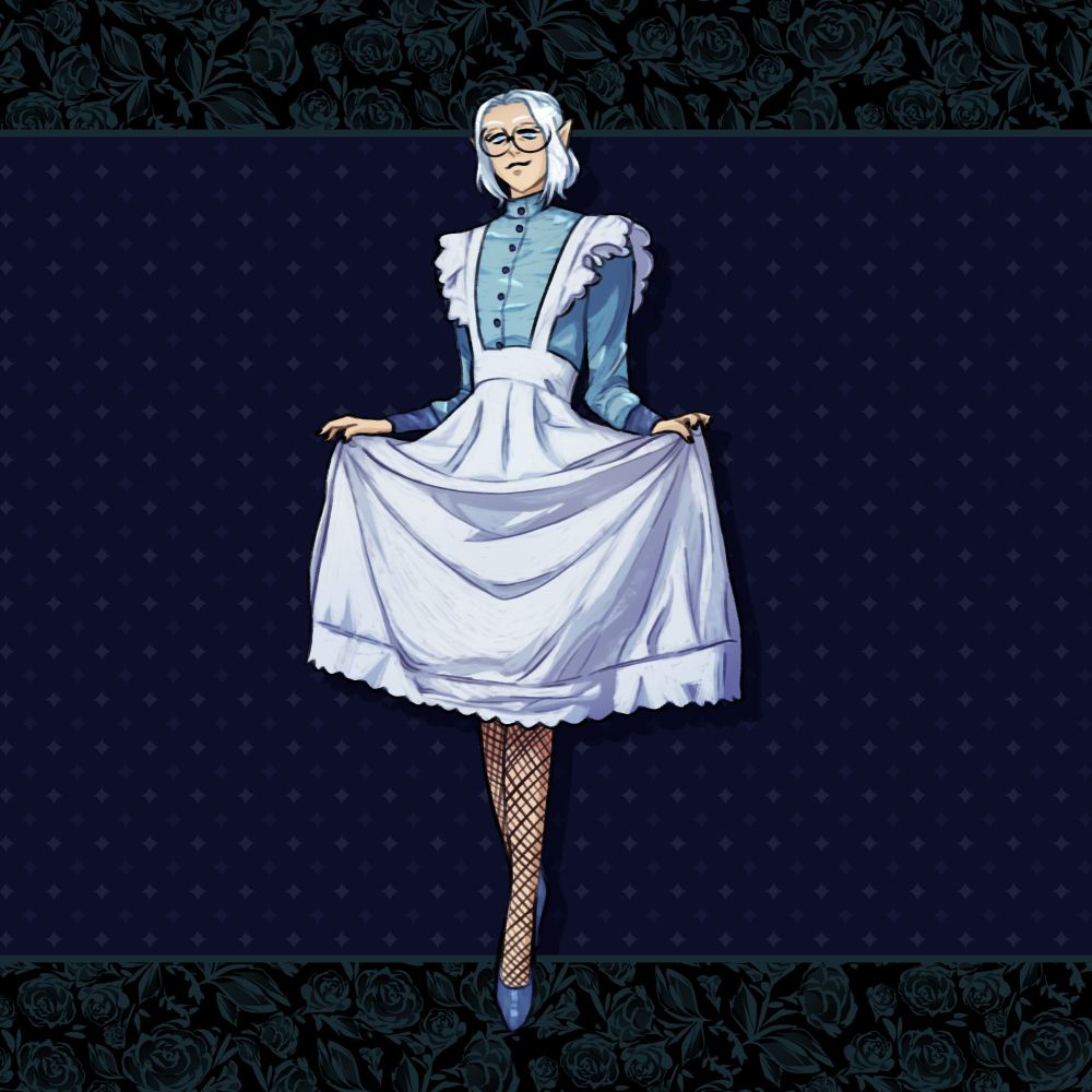 Artwork of Neuvaine, a high elf necromancer with round glasses and hair tied in a low bun, wearing a blue and white maid dress. He's lifting up the skirt to show fishnets underneath.
The background is a combination of a dark floral pattern and dull stars.