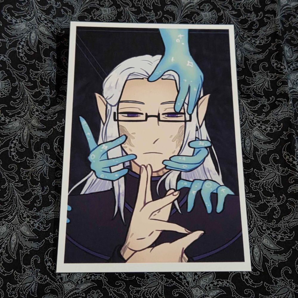 Mini print of a portrait of my DND character, Velaris Darcenell, a high elf wizard and necromancer. Notably, his appearance has partially changed: his hair is stark white and he has grey-ish scarring on his cheeks, neck, and hands. He's looking down pensively, while several magical, spectral hands are grabbing him.