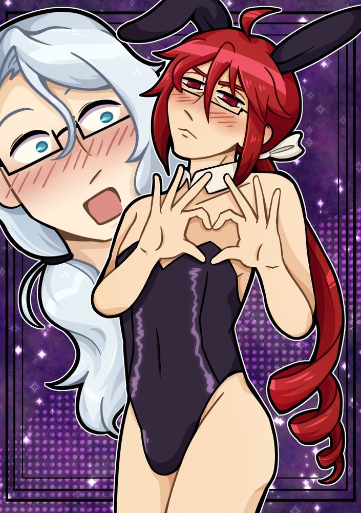 Art of Kasane Ted (UTAU) posing with heart hands in a bunny outfit. His eyebrows are furrowed with a slight pout, cheeks flushed from embarassment— the outfit is revealing, after all. My sona's reaction (cropped to his head) is behind him, eyes wide and mouth agape while also blushing.