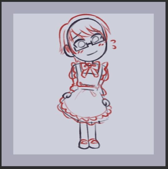 Chibi sketch of Kiyoteru in a knee-length maid outfit. He appears shy as he fluffs out the dress.