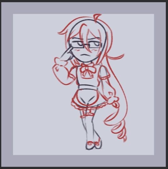 Chibi sketch of Kasane Ted in a short maid outfit. He's adjusting his glasses while posing, eyebrows furrowed.