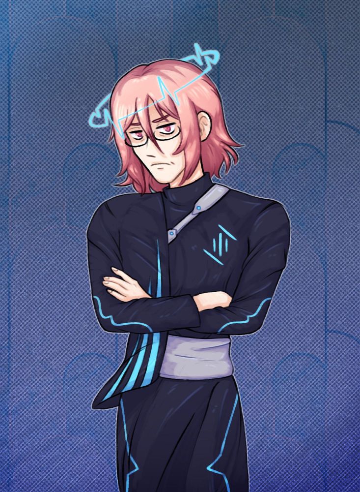 Halfbody artwork of my OC Lord Ethyron standing with a stern, disgruntled face with his arms crossed. He has oval glasses, shoulder length pink hair, and robes. His cyan halo resembles a heartbeat.