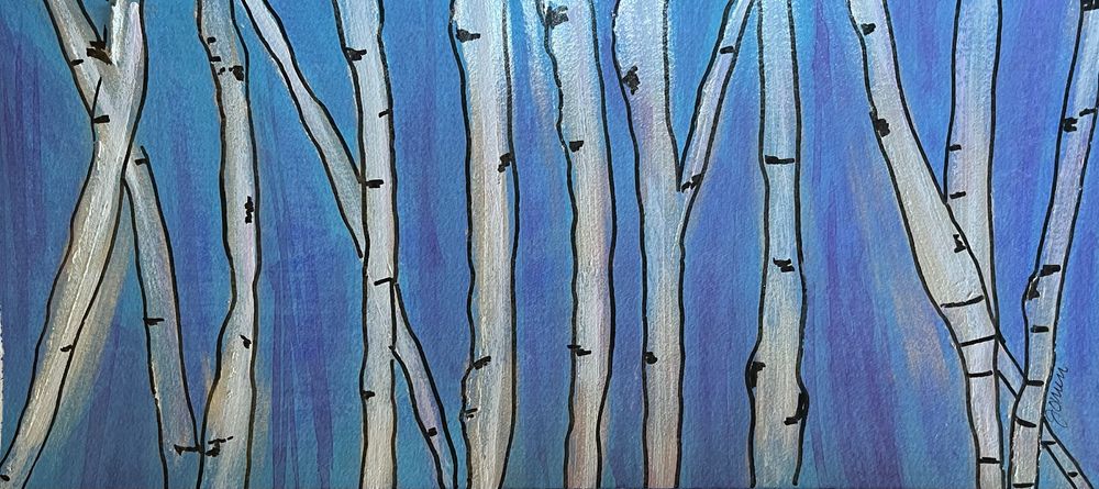 a stand of birch trees but showing only the trunks in a line - white/gray in color with hints of black to show trunk lines - the background is a light blue with a shading of purple